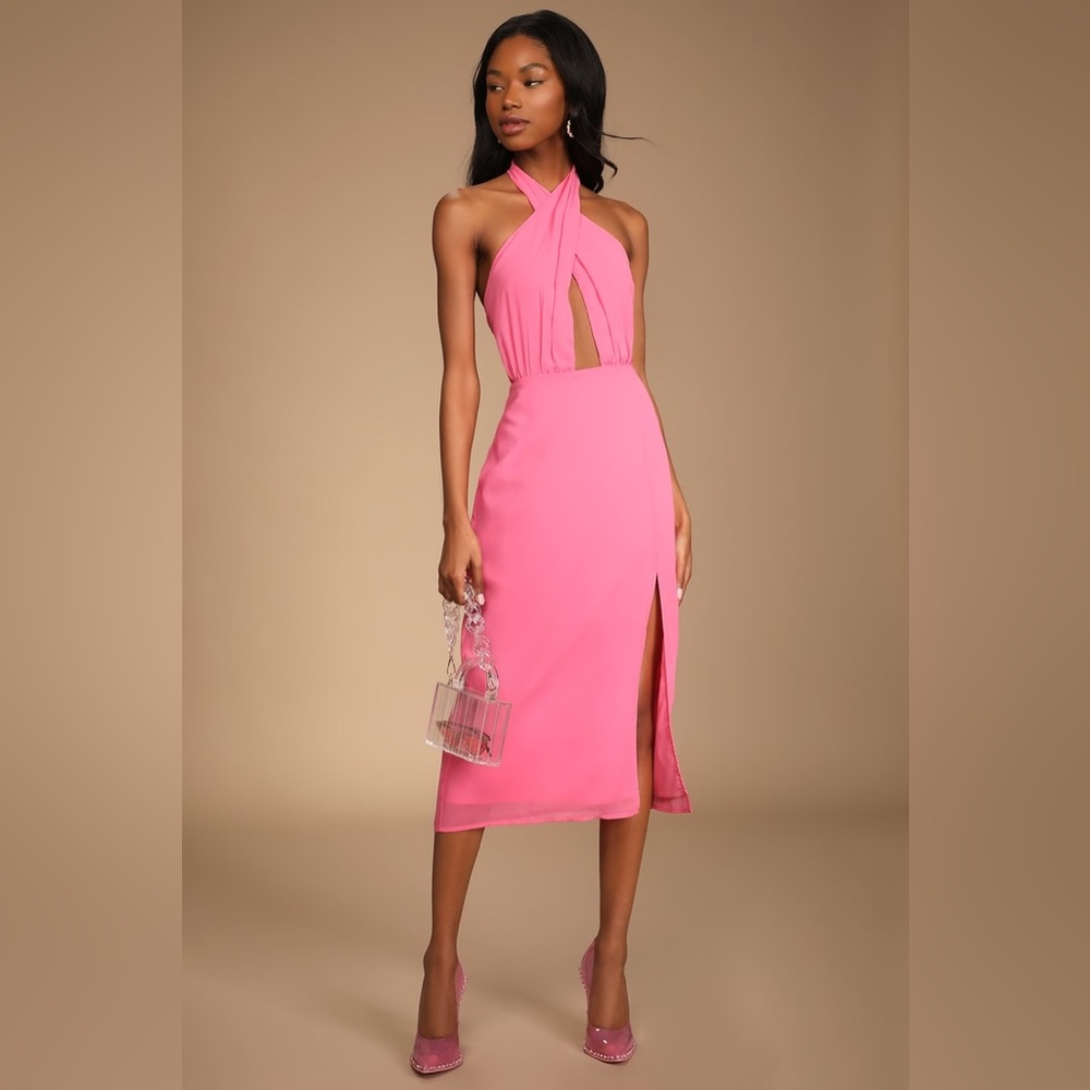 Flirty Chic Bright Pink Cutout Twist-Front Halter Midi Dress